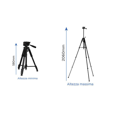 Cavalletto treppiedi con telecomando bluetooth altezza 163 e 206 cm
