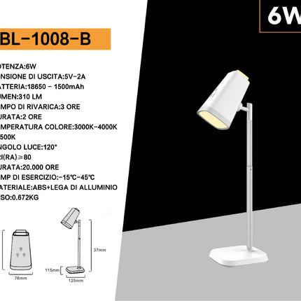Lampada ricaricabile 2 in 1 da scrivania e applique da parete 6 watt dimmerabile cct 3 temperature in 1 enzoled