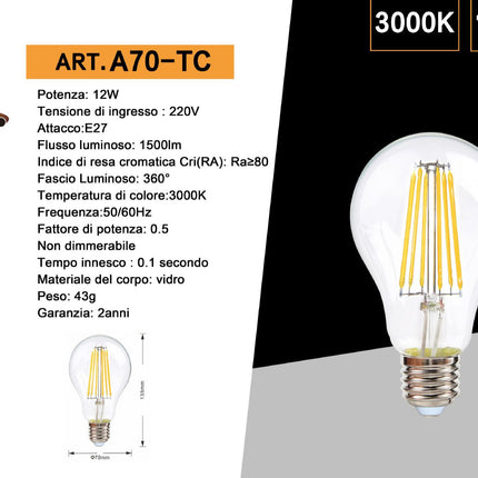 Lampadina led a filamento 12 watt attacco e27 globo a70 sfera a luce bianca 6500k calda 3000k naturale 4000k 1500 lumen enzoled