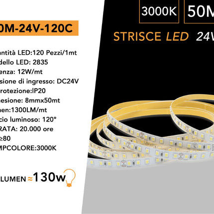 Strisce LED 24V 3000K (luce calda) - 10m 120 LED/m, PVC flessibile - Illuminazione a fascia continua enzoled
