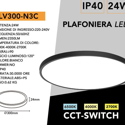 Plafoniera a led moderna ultra slim 24 watt con tecnologia CCT da 6500k a 2700k con switch lampada da soffitto enzoled