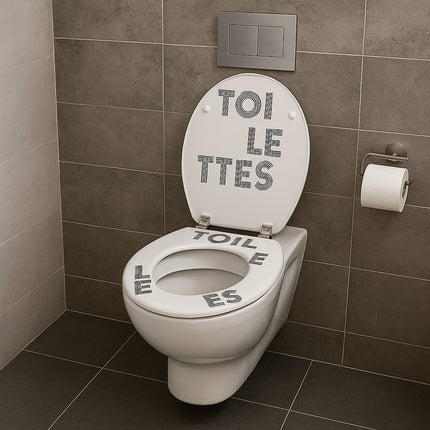 Copriwater universale in legno mdf con cerniere scritta TOILETTES