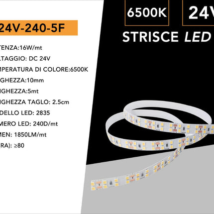 Striscia strip 240 led per metro 2835 24V bobina 5 metri 80 watt illuminazione per interni luce fredda calda naturale enzoled