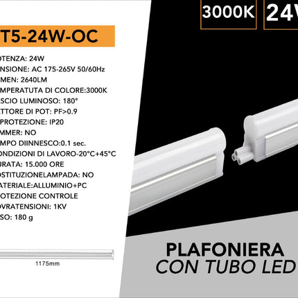 Tubo Neon Led Smd T5 Plafoniera Raccordabile 120 cm 24 watt reglette per mobili mensole ripiani luce fredda 6500k calda 3000k naturale 4000k enzoled