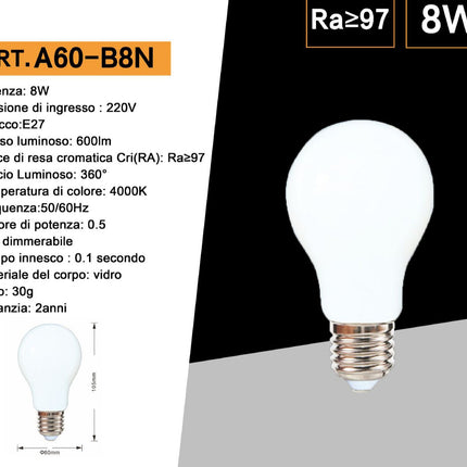 Lampadina a led filamento opaca 8 watt attacco e27 A60 a luce fredda 6500k calda 2700k naturale 4000K enzoled