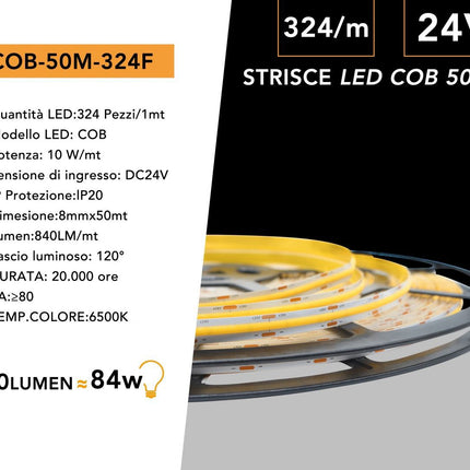 Strisce LED 24V 6500K (bianco freddo) - 50m, PVC flessibile 8mm - Illuminazione professionale enzoled