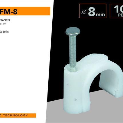 100 Pezzi Fermacavo Ø8mm in Plastica Bianca – Clip Fissacavo con Chiodino per Cavi Elettrici enzoled
