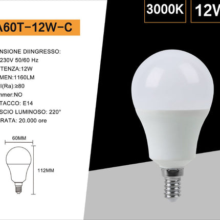 Lampadina led a globo A60 attacco E14 12 watt lampada luce fredda 6500k calda 3000k naturale 4000k enzoled