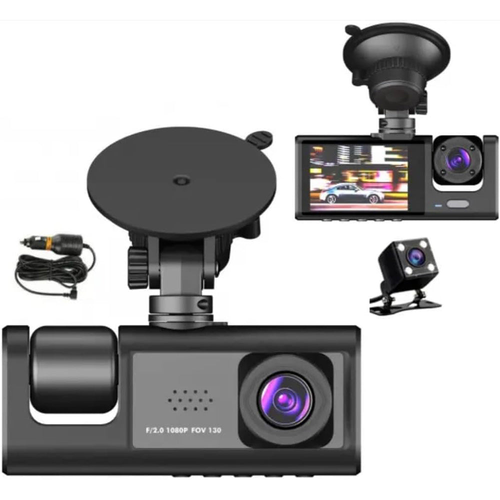 Dash Cam con ventosa con monitor 3 telecamera anteriore interna e retromarcia hd 1080p regista su SD ricaricabile visone notturna - enzoled