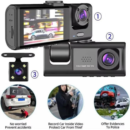 Dash Cam con ventosa con monitor 3 telecamera anteriore interna e retromarcia hd 1080p regista su SD ricaricabile visone notturna - enzoled