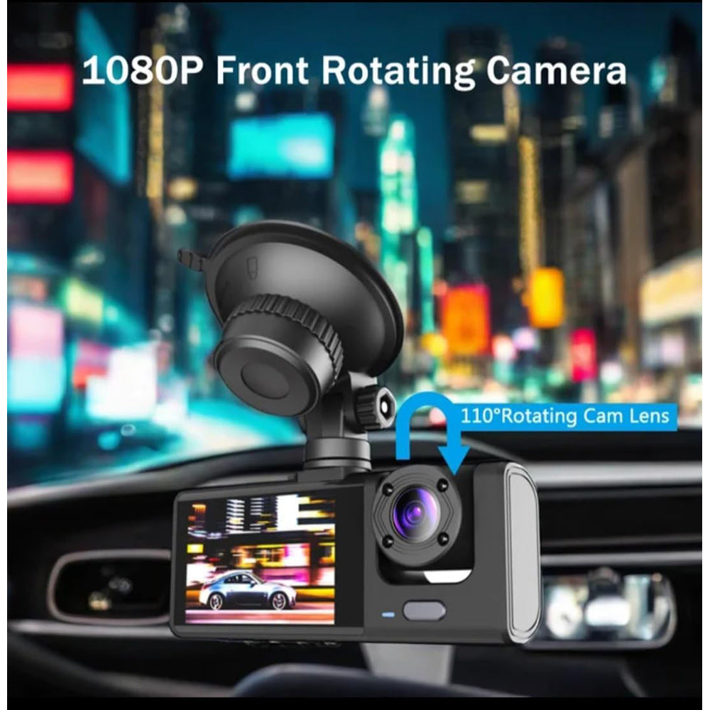 Dash Cam con ventosa con monitor 3 telecamera anteriore interna e retromarcia hd 1080p regista su SD ricaricabile visone notturna - enzoled
