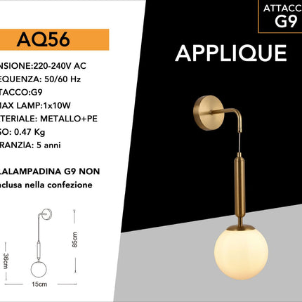 Applique a parete pendente in stile contemporaneo con attacco G9 di colore bronzo con sfera in vetro enzoled