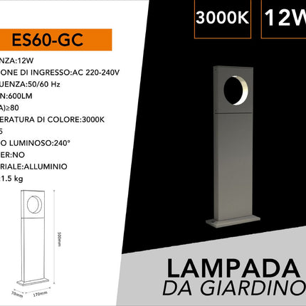 Lampione da giardino 12 watt lampada grigio con cerchio led cob palo per esterni 50 cm luce fredda 6500k calda 3000k naturale 4000k enzoled