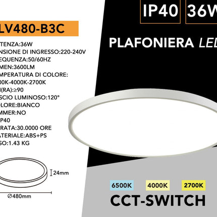 Plafoniera LED Universo LV-480-B3C - Ultra Slim, 36W, Rotonda 48cm, IP40, Bianco, CCT 3-in-1 Cambia Colore Luce enzoled