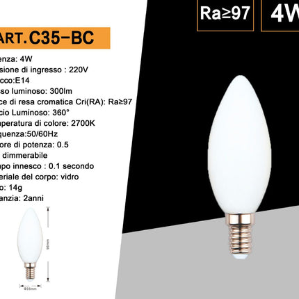 Lampadina a led filamento opaca 4 watt attacco e14 candela a luce fredda 6500k calda 2700k naturale 4000K enzoled