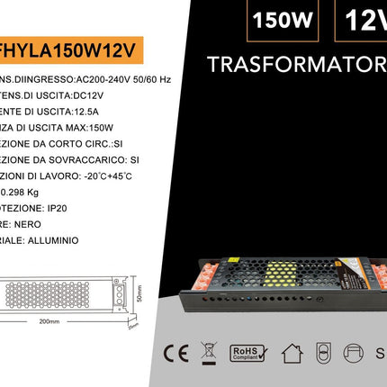 ALIMENTATORE SLIM METALLICO STABILIZZATO SWITCHING TRIMMER 220V DC12V 8.33A 100 WATT COLORE NERO - enzoled