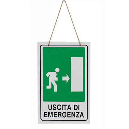 Cartello uscita di emergenza a destra targa in legno 20x30 cm con corda da appendere segnaletica interna per piano di evaquazione - enzoled