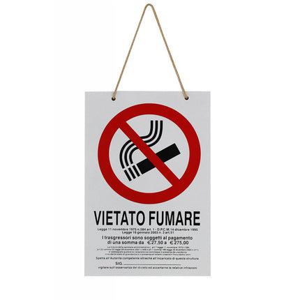 Cartello vietato fumare divieto targa in legno 20x30 cm con corda da appendere segnaletica interna con sanzioni negozi ristoranti - enzoled