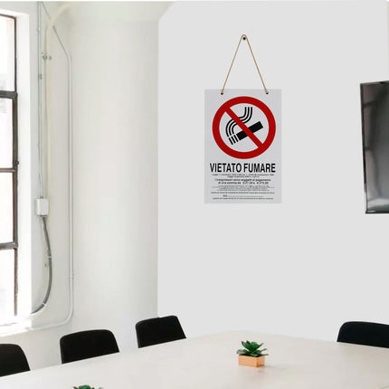 Cartello vietato fumare divieto targa in legno 20x30 cm con corda da appendere segnaletica interna con sanzioni negozi ristoranti - enzoled