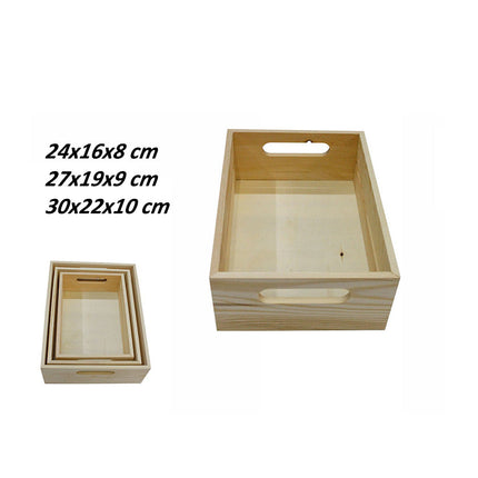 Set 3 cassette in legno multiuso organaizer per alimenti cesta scatola con manici bordo alto per decoupage - enzoled