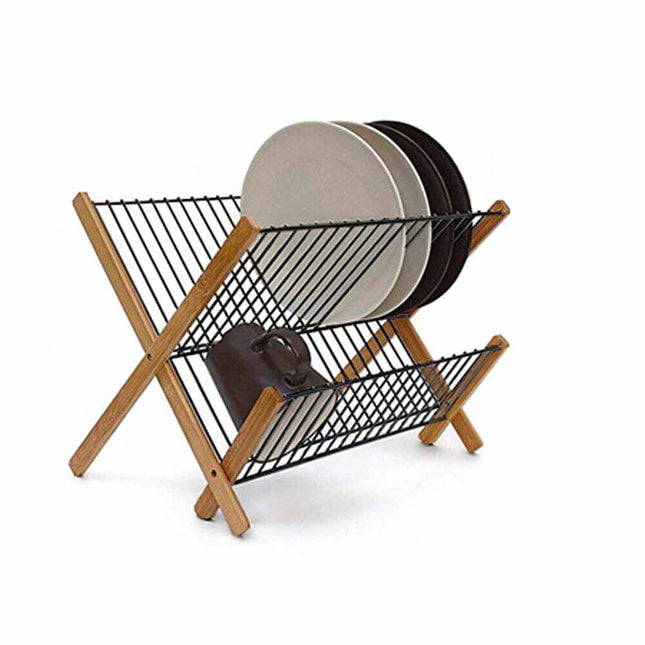 Scolapiatti pieghevole per stoviglie in metallo e legno con 2 ripiani gocciolatoio da appoggio per piatti bicchieri - enzoled