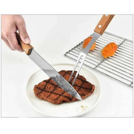 Utensili per barbecue coltello e forchettone in acciaio con manico in legno per baciata grill attrezzi da cucina - enzoled