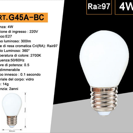 Lampadina a led filamento opaca 4 watt g45 attacco e27 sfera a luce fredda 6500k calda 2700k naturale 4000k enzoled