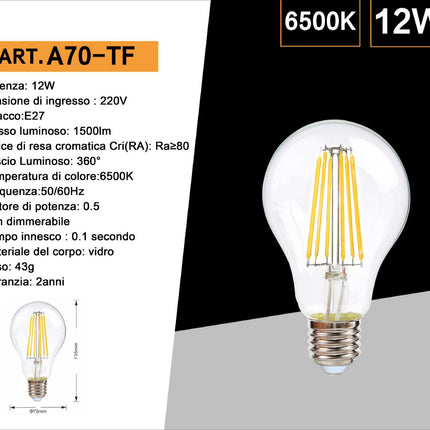 Lampadina led a filamento 12 watt attacco e27 globo a70 sfera a luce bianca 6500k calda 3000k naturale 4000k 1500 lumen enzoled