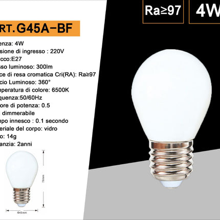 Lampadina a led filamento opaca 4 watt g45 attacco e27 sfera a luce fredda 6500k calda 2700k naturale 4000k enzoled