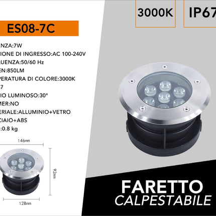 Faretto ad incasso calpestabile 7 led 7 watt segnapasso carrabile luce bianca 6500k calda 3000k naturale 4000k da esterno IP67 enzoled