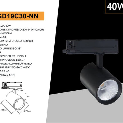 "Faretto Trifase Binario 40W - 4000K - 38° - Alluminio + Vetro - Illuminazione Commerciale Professionale enzoled