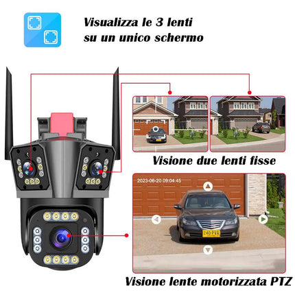 Telecamera per videosorveglianza di sicurezza wi fi 3 obbiettivi 4k smart camera ptz con sensore di movimento allarme audio e video IP66 - enzoled