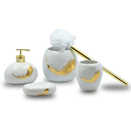 Accessori bagno dispenser sapone piattino porta sapone Bicchiere portaspazzolino scopino con piume oro - enzoled