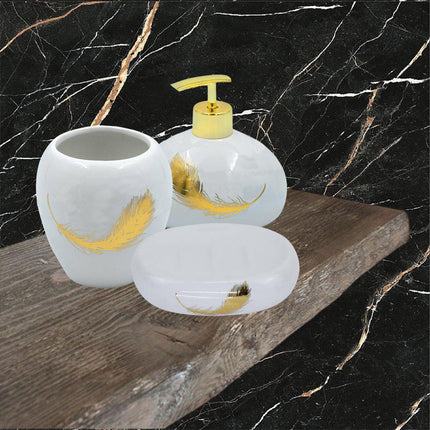 Accessori bagno dispenser sapone piattino porta sapone Bicchiere portaspazzolino scopino con piume oro - enzoled