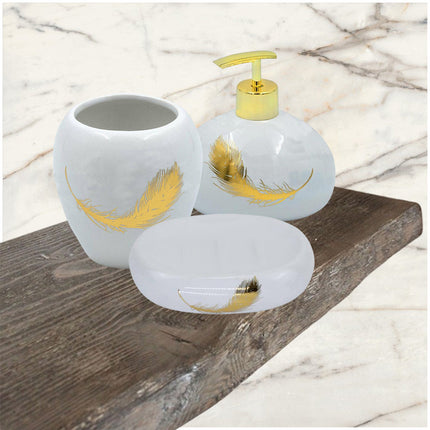 Accessori bagno dispenser sapone piattino porta sapone Bicchiere portaspazzolino scopino con piume oro - enzoled