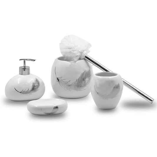 Accessori bagno dispenser sapone piattino porta sapone Bicchiere portaspazzolino scopino con piume argento - enzoled