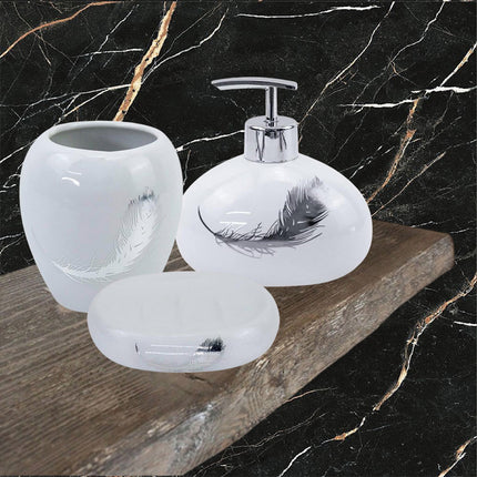 Accessori bagno dispenser sapone piattino porta sapone Bicchiere portaspazzolino scopino con piume argento - enzoled