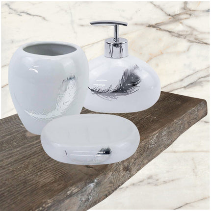 Accessori bagno dispenser sapone piattino porta sapone Bicchiere portaspazzolino scopino con piume argento - enzoled