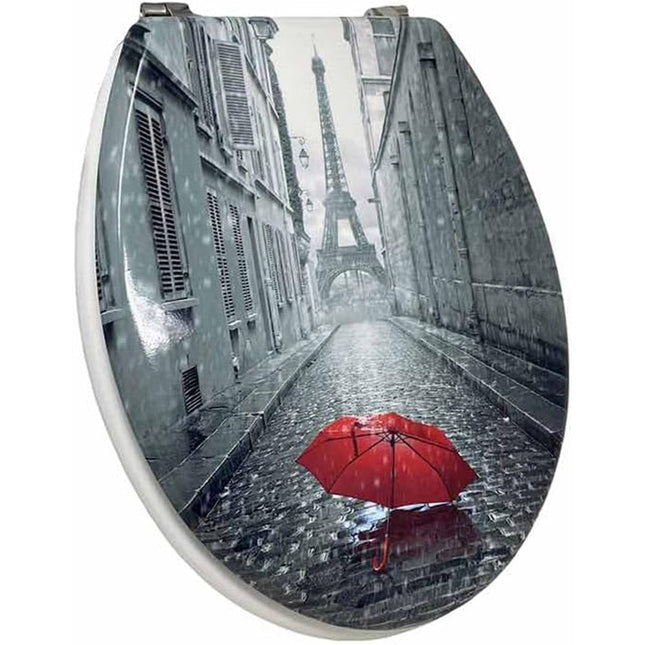 Copriwater Universale in Legno MDF serigrafato tavoletta da Bagno WC Stampa Parigi con Cerniere in Acciaio - enzoled