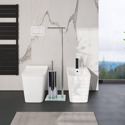 Piantana porta rotolo e scopino da terra per wc in metallo base quadrata in vetro arredo bagno - enzoled
