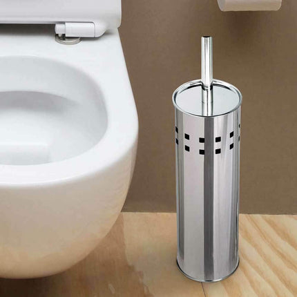 Portascopino a cilindro con scopino da bagno in acciaio satinato con coperchio spazzolone per WC toilette argento - enzoled