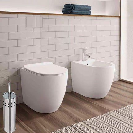 Portascopino a cilindro con scopino da bagno in acciaio satinato con coperchio spazzolone per WC toilette argento - enzoled