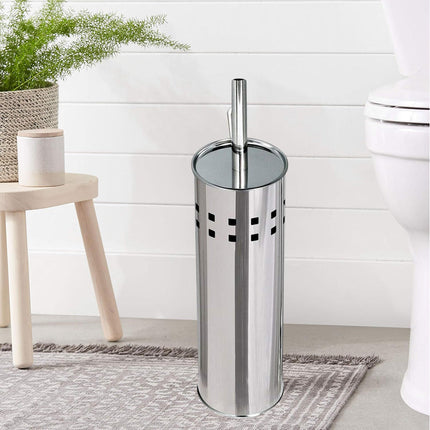 Portascopino a cilindro con scopino da bagno in acciaio satinato con coperchio spazzolone per WC toilette argento - enzoled