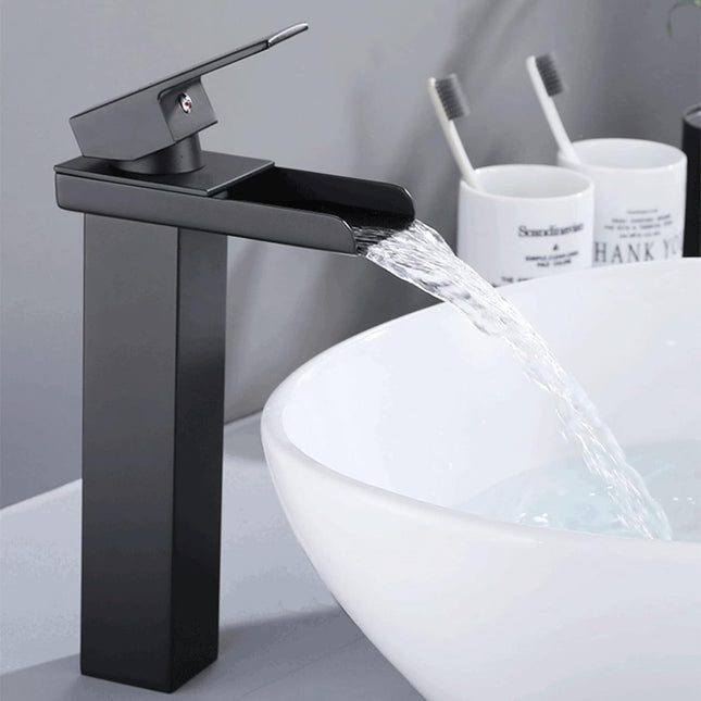 Miscelatore a cascata nero da lavabo per bagno canna alta o bassa leva monocomando rubinetto per lavandino moderno modello cascata nero - enzoled