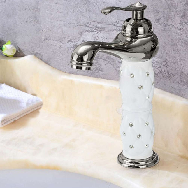Rubinetto per lavabo con brillantini miscelatore bagno monoforo argento canna bassa o alta modello Diamante - enzoled