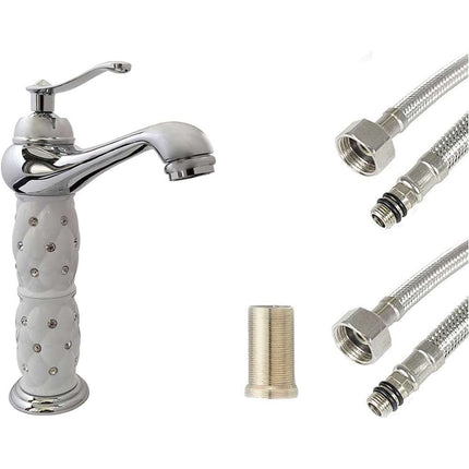 Rubinetto per lavabo con brillantini miscelatore bagno monoforo argento canna bassa o alta modello Diamante - enzoled