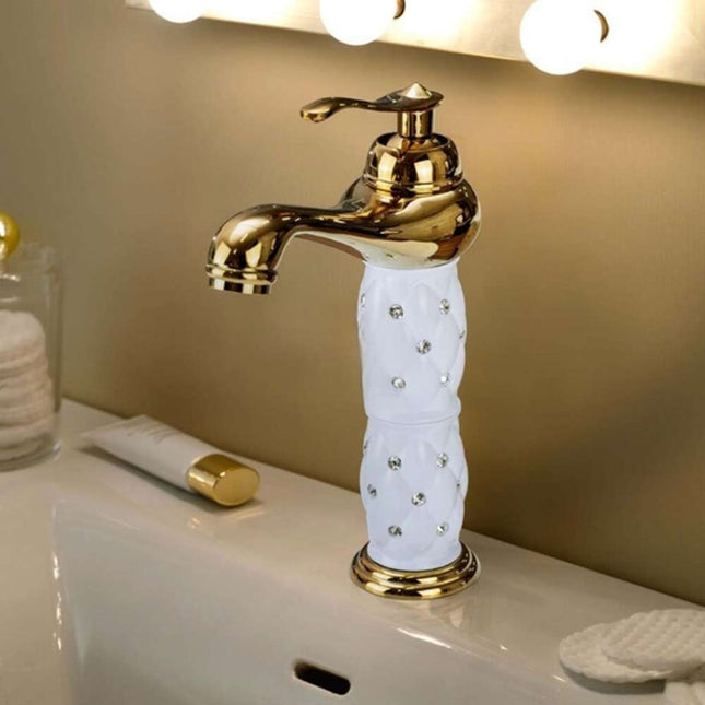 Rubinetto per lavabo con brillantini miscelatore bagno monoforo oro canna bassa o alta modello Diamante - enzoled