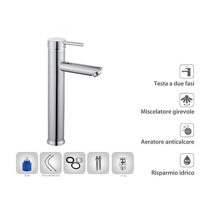Rubinetto per bagno ultra moderno cromato lucido miscelatore lavabo a canna alta modello Ray Silver - enzoled
