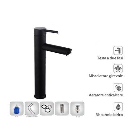 Rubinetto per bagno ultra moderno nero opaco miscelatore lavabo a canna alta modello Ray Black - enzoled