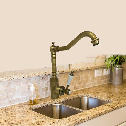Rubinetto da cucina stile retrò a canna alta miscelatore antico per lavello orientabile in ottone bronzo - enzoled